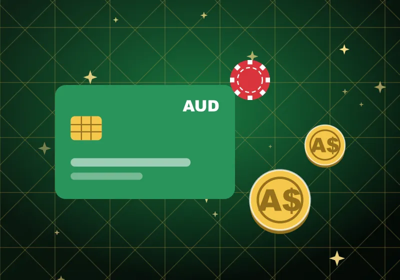 AUD payment card, casino chip and A$ coins on a green table AUD payment card, casino chip and A$ coins on a green table
