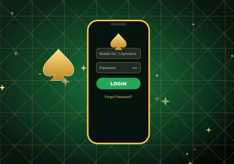 Phone with the Spade69 casino login screen and a gold spade Phone with the Spade69 casino login screen and a gold spade
